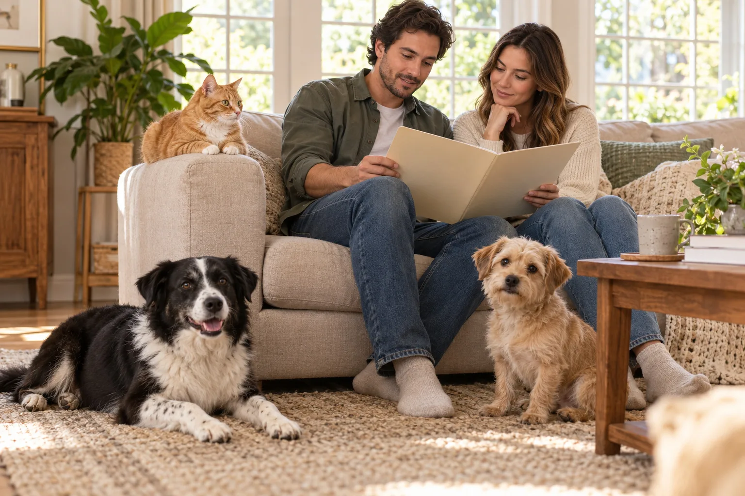 Two owners reviewing a folder with two dogs and a ginger cat in a living room
